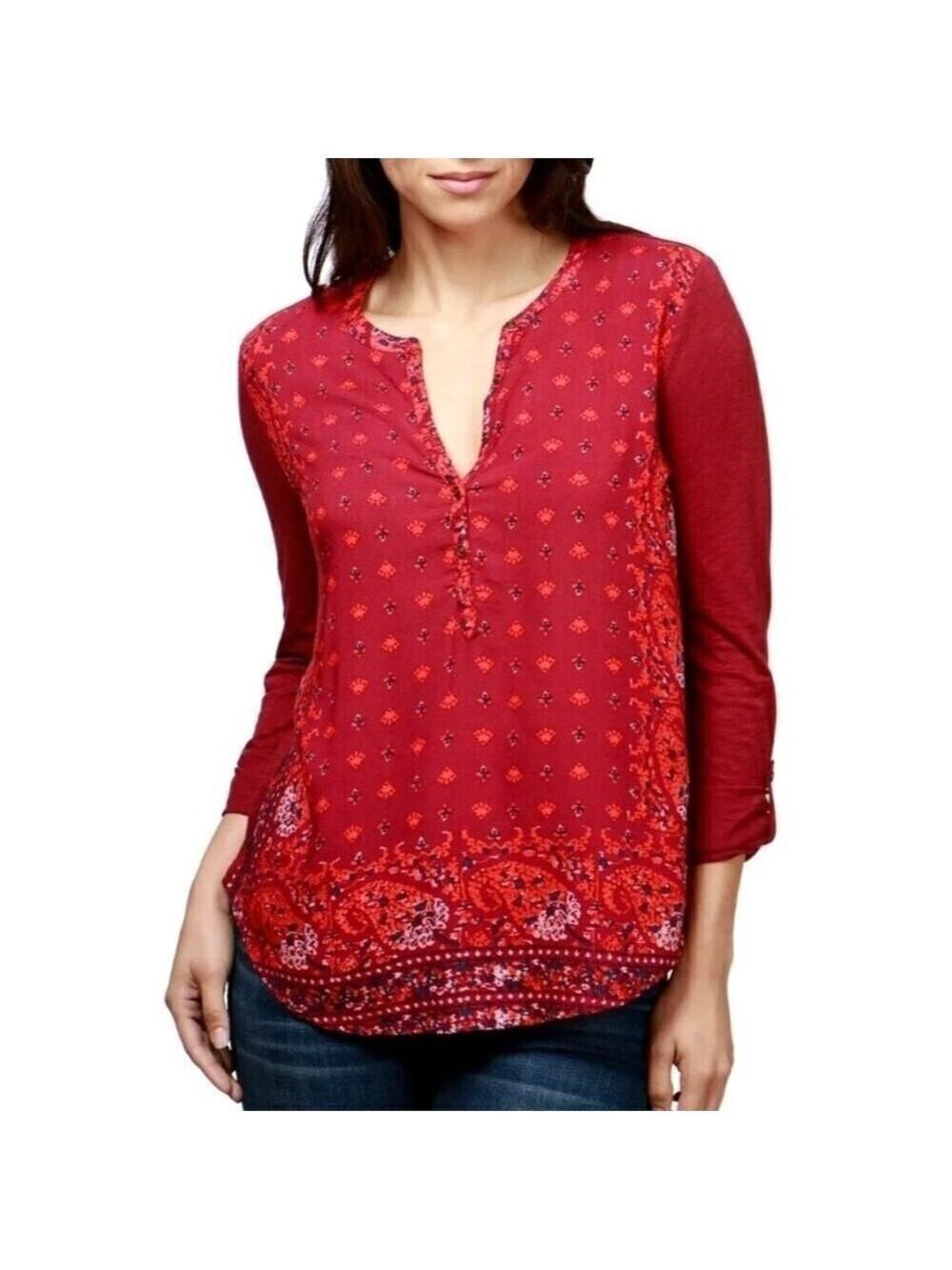 Lucky Brand Round Neck Roll-Tab Sleeve Tunic Paisley Print Floral Blouse Red Lg